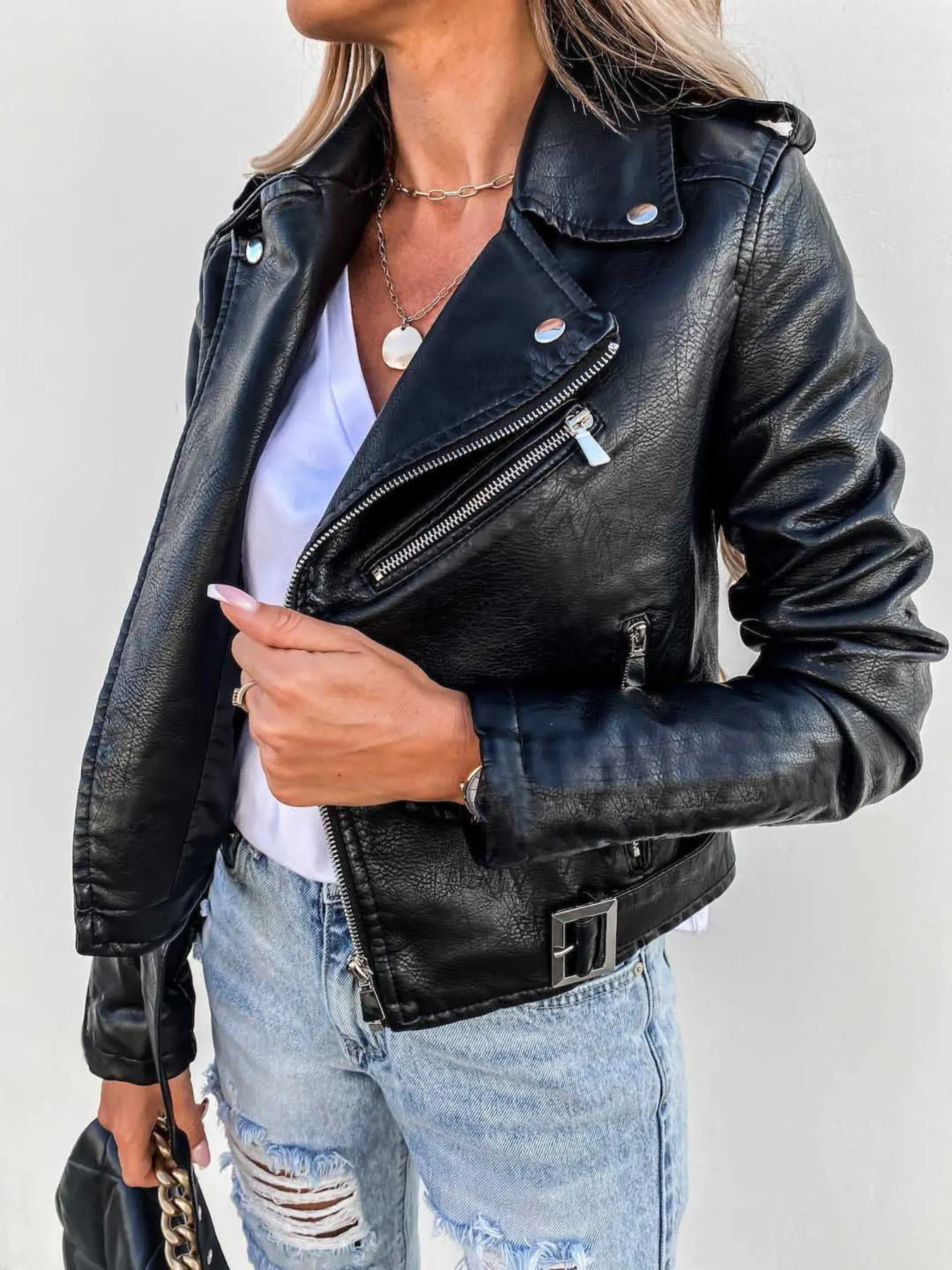 Full Size Zip Up Leather Motorcycle Biker Jacket Plus Size